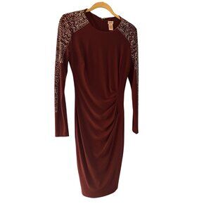 Vintage Y2K Cache Burgundy Beaded Long Sleeve Dress Size 8 Womens Cocktail